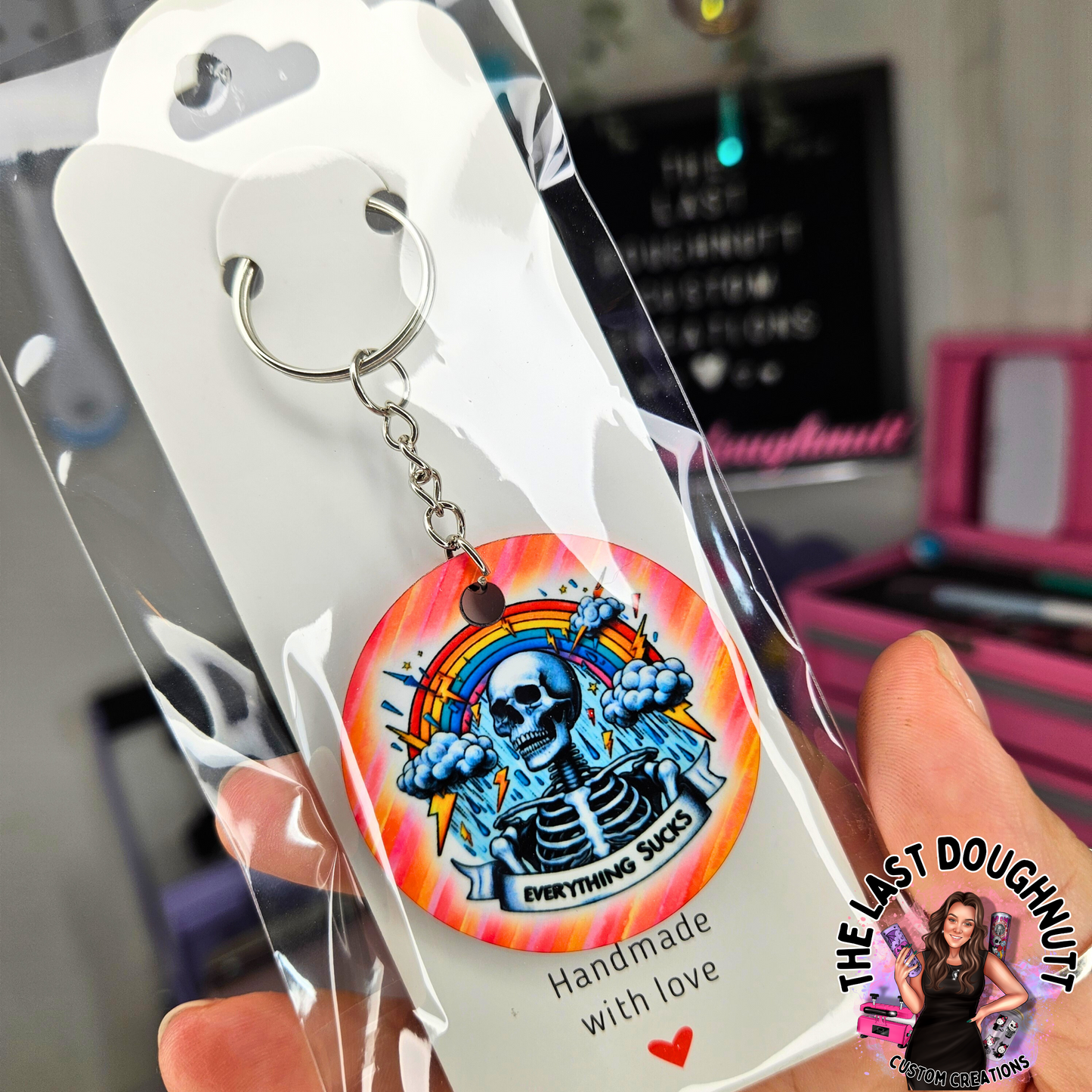 Everything Sucks Skeleton Keychain