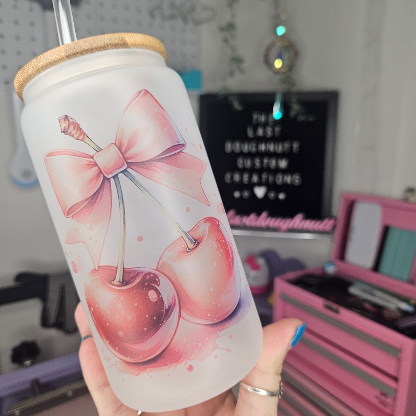 Cherry Coquette Bow - 16oz Glass Can Cup