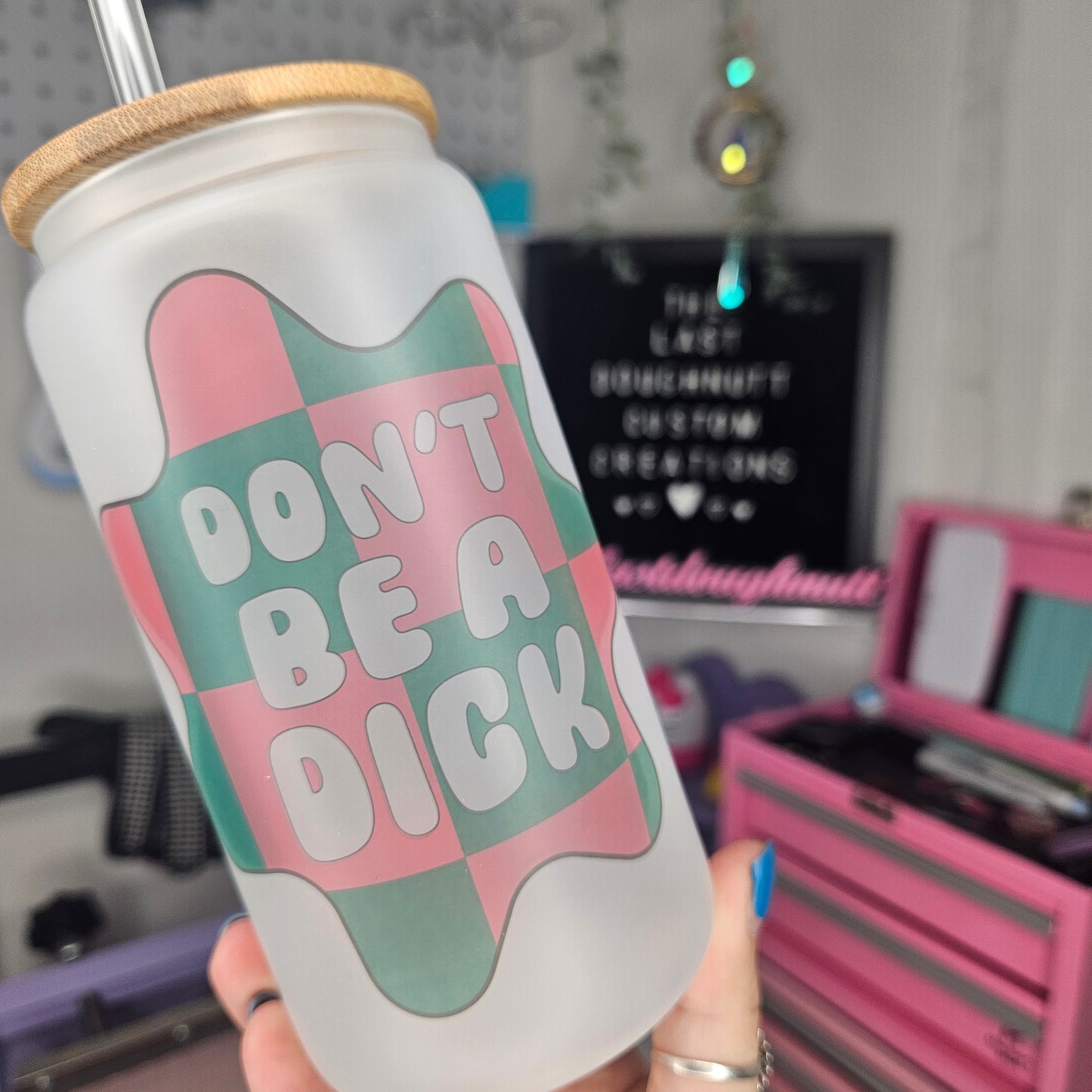 Don't Be a D*ck Checkered - 16oz Glass Can Cup
