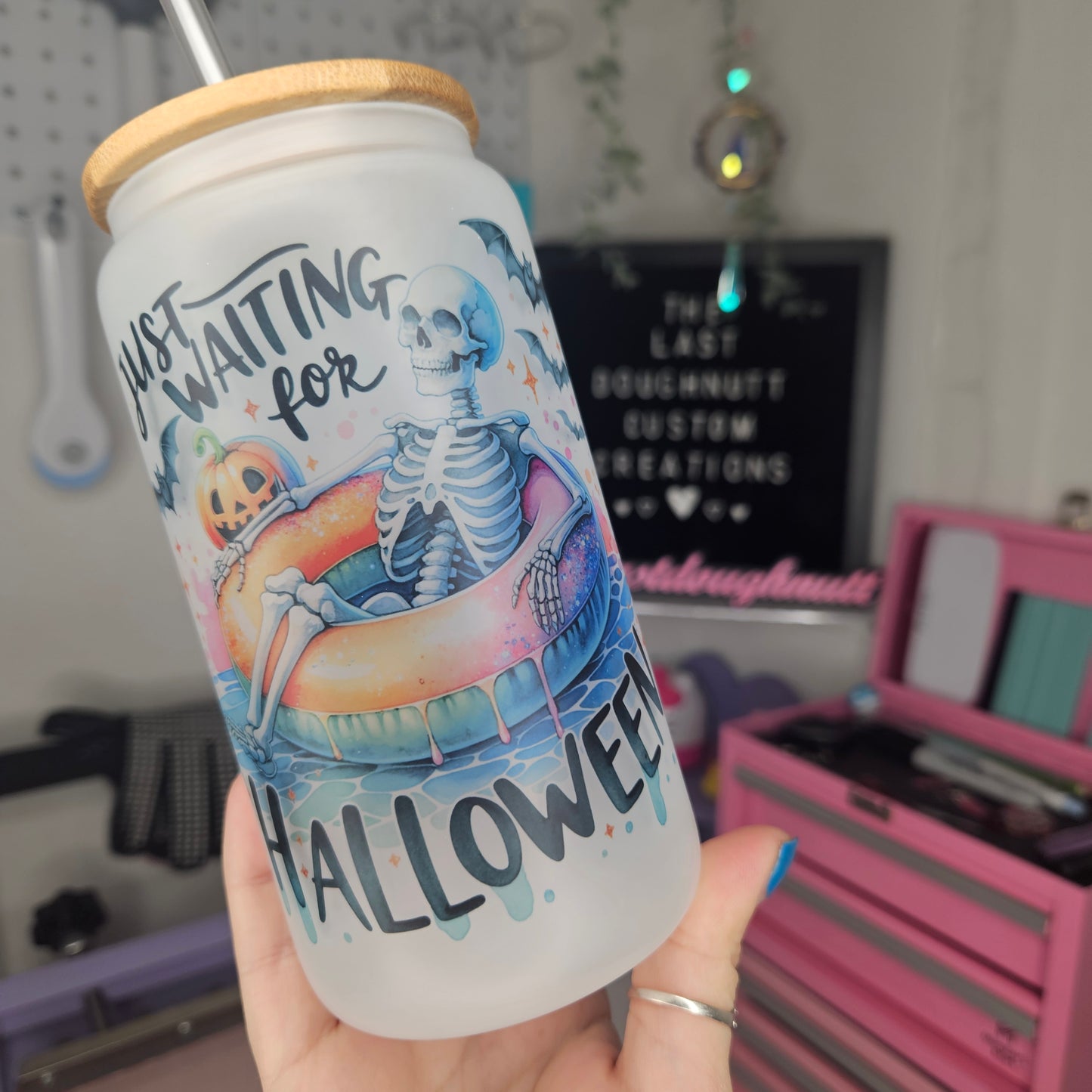 Just Waiting for Halloween Summerween Skelton - 16oz Glass Can Cup