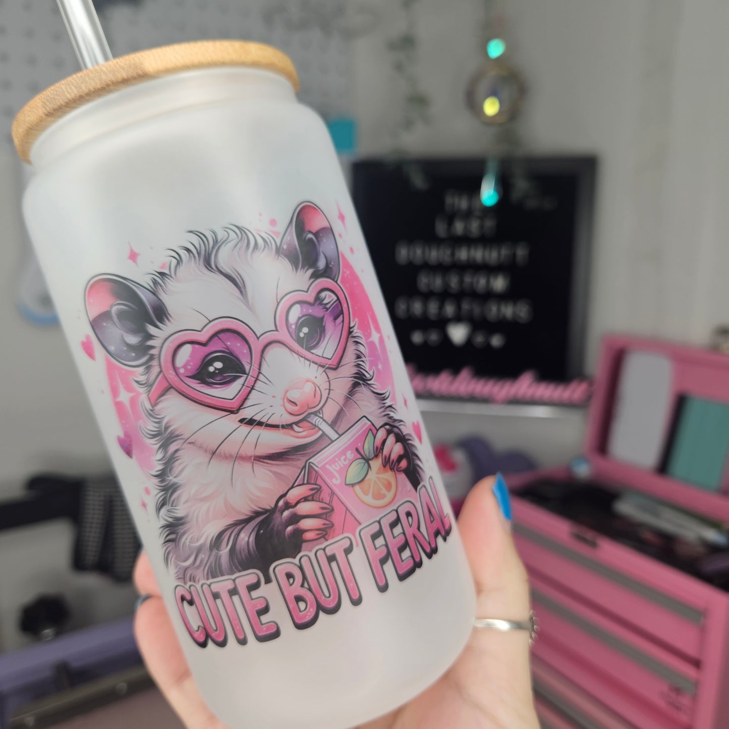 Cute But Feral Opossum - 16oz Glass Can Cup