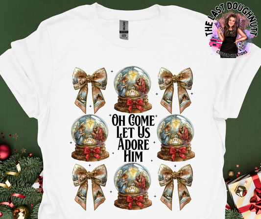 Oh Come Let Us Adore Him Class Christmas Snowglobe & Bows T-Shirt