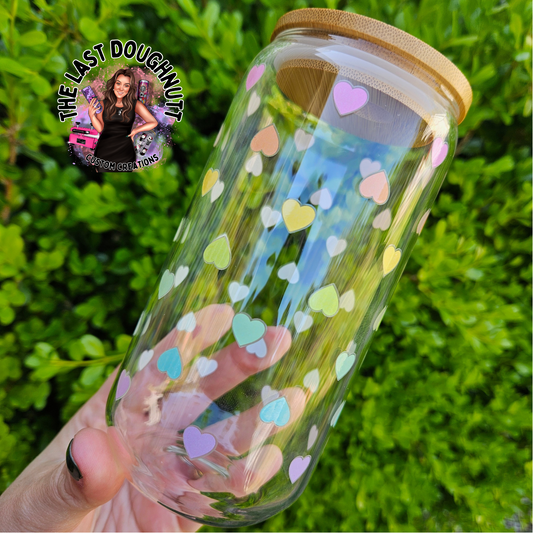 Rainbow Hearts (oopsie) - 16oz Glass Clear Can