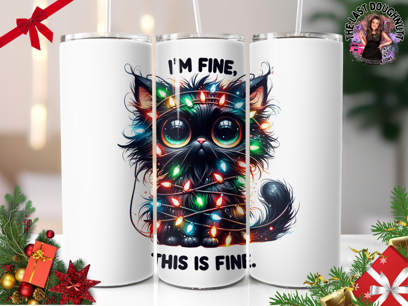 I'm Fine Everything's Fine Tangled Lights Kitty - 30oz Skinny Tumbler