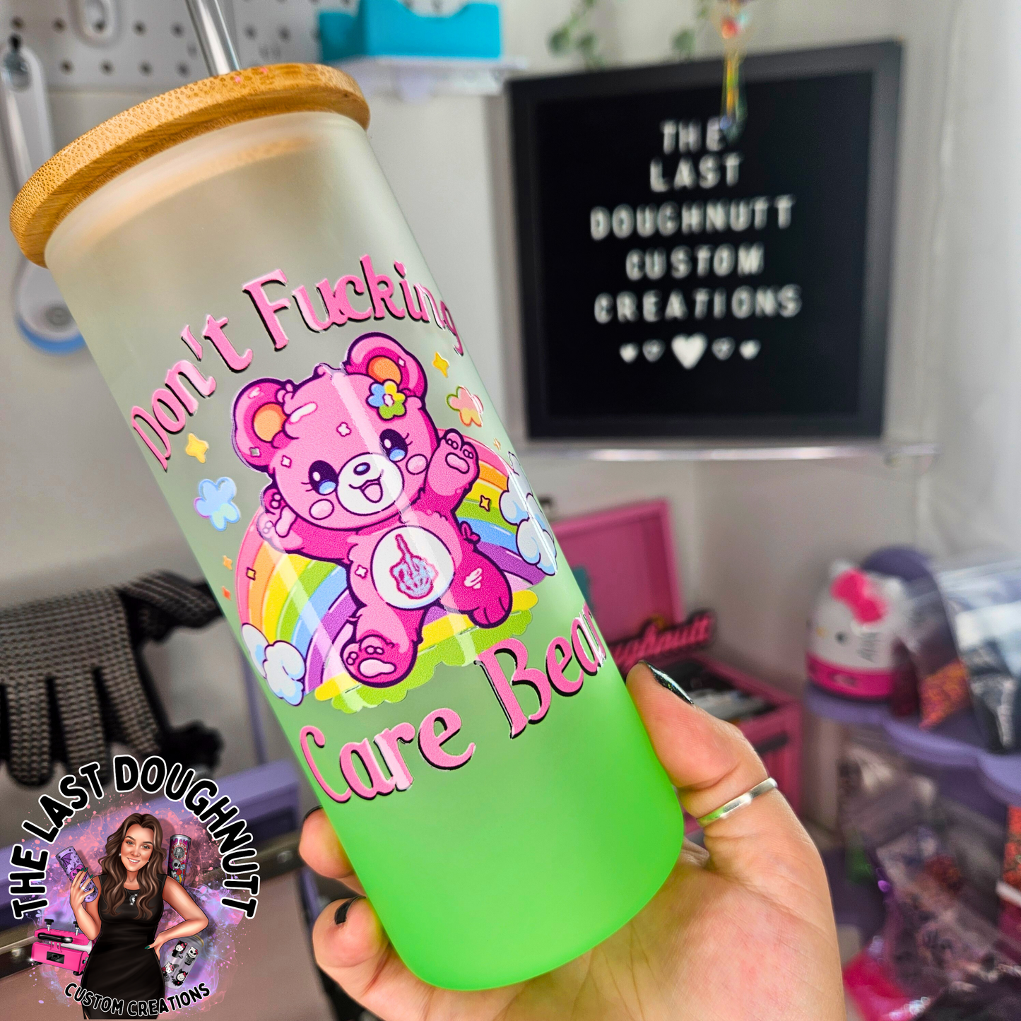 Don't F*cking Care Bear 20oz Glass Can Cup