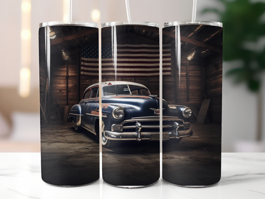 Classic Car American Flag - 20oz Skinny Tumbler