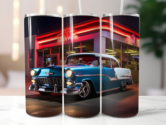 Classic Blue Car With Neon Lights - 20oz Skinny Tumbler